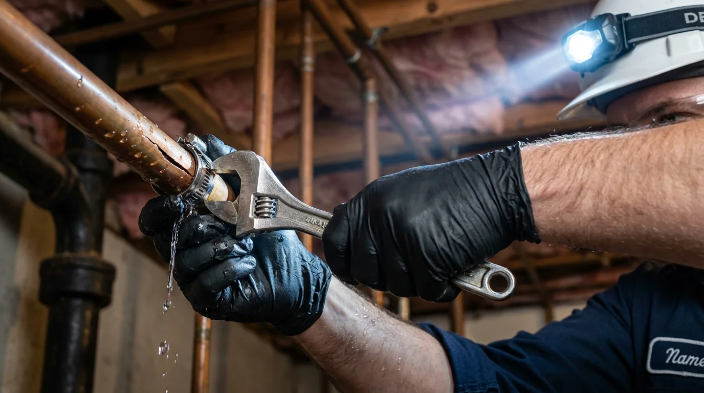 Emergency pipe clamp repair being performed by a Johns Plumbing LLC plumber in Battle Mountain