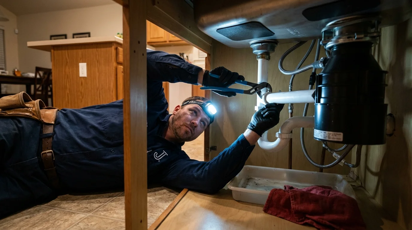 P-trap and supply line connections under a kitchen sink showing a common leak point in Battle Mountain, NV
